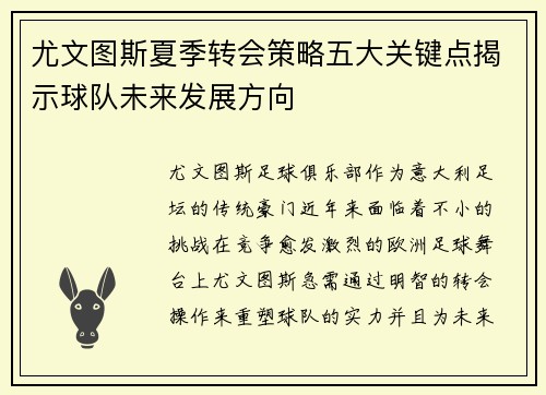 尤文图斯夏季转会策略五大关键点揭示球队未来发展方向